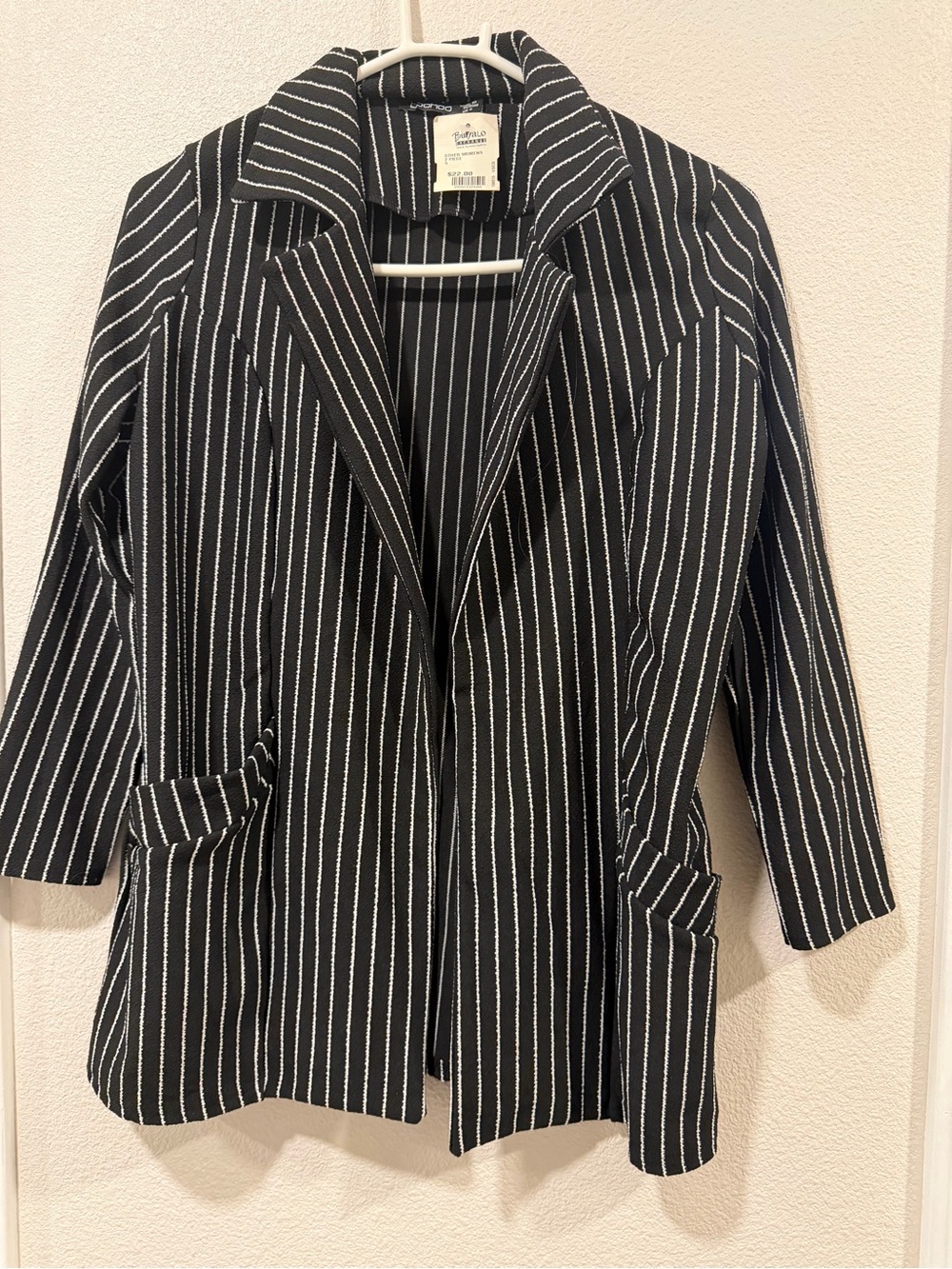 Pinstripe Black Open-Front Women's Blazer Jacket